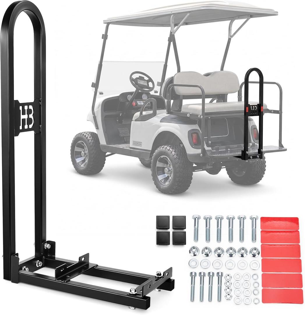 HOWBOW Universal Rear Seat Grab Bar for Golf Cart Fit Yamaha EZGO Club Car | Updated Thicken Tubing Golf Cart Seat Safety Handlerail, Heavy Duty Golf Bag Support Frame, with Reflective Stickers