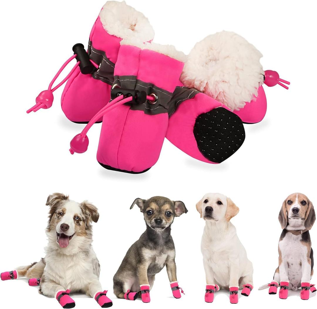 YAODHAOD Dog Shoes for Winter, Dog Boots & Paw Protectors, Fleece Warm Snow Booties for Puppy with Reflective Strip Anti-Slip Rubber Sole for Small Medium Size Dogs,Size 3: 1.5"x1.3" (L*W),Pink