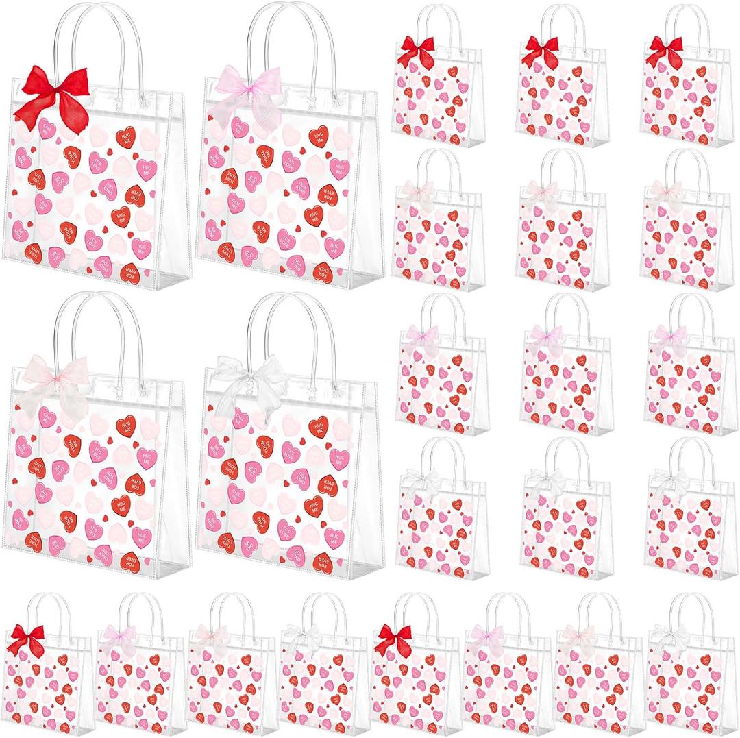 Tinlade 24 Sets Valentines Conversation Heart Gift Bag Valentine Clear Plastic Bag with Handles Candy Bows PVC Treat Goodie Transparent Bags for Galentines Day Birthday Party Supplies (Pink and Red)