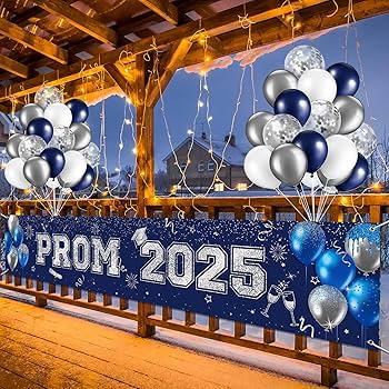 36 Pcs Graduation Prom Banner Decorations for Party 2025, Prom 2025 Congrats Grad Banner Yard Decorations, Black and Gold Glitter Balloons Decor Set