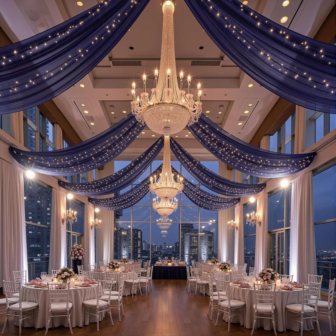 12 Panels Dark Blue Ceiling Curtains with Lights for Weddings - 5ftx10ft Wrinkle-Free Tulle Fabric Wedding Arch Draping Ceiling Drapes Decorations for Wedding Party Ceremony Stage Tent Event