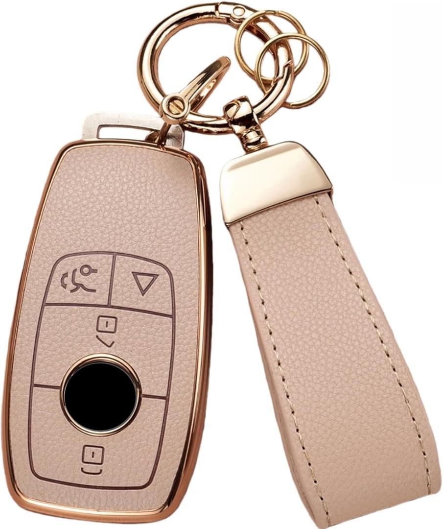 Key Fob Cover for Mercedes Benz with Key Chain, Upper Leather + Soft TPU Key Cover Case Shell for Mercedes C E S GLC CLE EQE EQS 300 350 450 500 560 580 AMG (Pink)