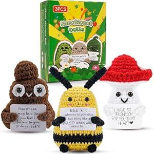Birthday Gifts for Women Emotional Potato Pickle: 3Pcs Funny Crochet Animal Gifts for Mother's Day Friends Coworkers College Students Sister Mom Dad with Cheer Up Cards (Bee, Poo, Mushroom)