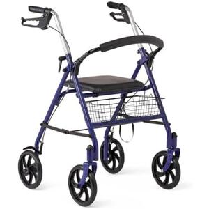 Medline Steel Rollator Walker with Seat, Blue, 300 lb. Weight Capacity, 8” Wheels, Foldable, Adjustable Handles, For Seniors, For Mobility Impairment