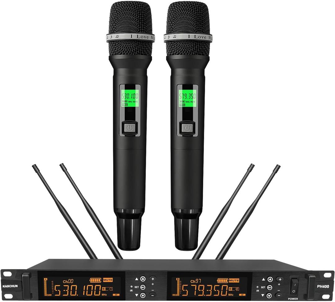 Wireless Microphone System, Dual 100-Channel Handheld Dynamic Mics Adjustable Frequency with Auto-Scan Tech, 328ft Range for Church, DJ, Karaoke & Parties (PH400)