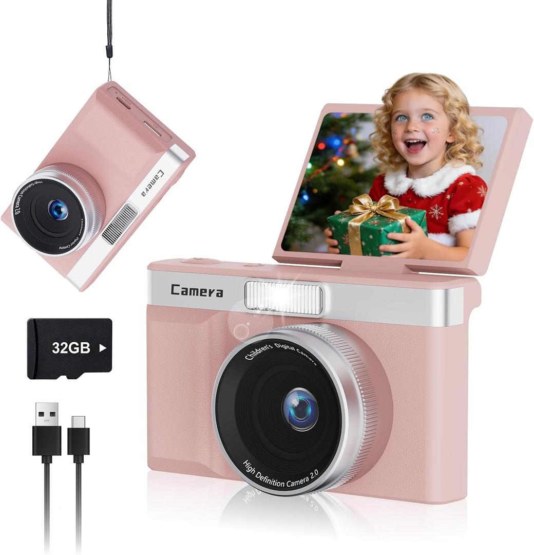 Digital Camera for Kids: 2" 180Flip Screen 30MP Point-and-Shoot Camera, with 32GB Memory Card, Compact & Portable for Kids and Teens (Light Pink)