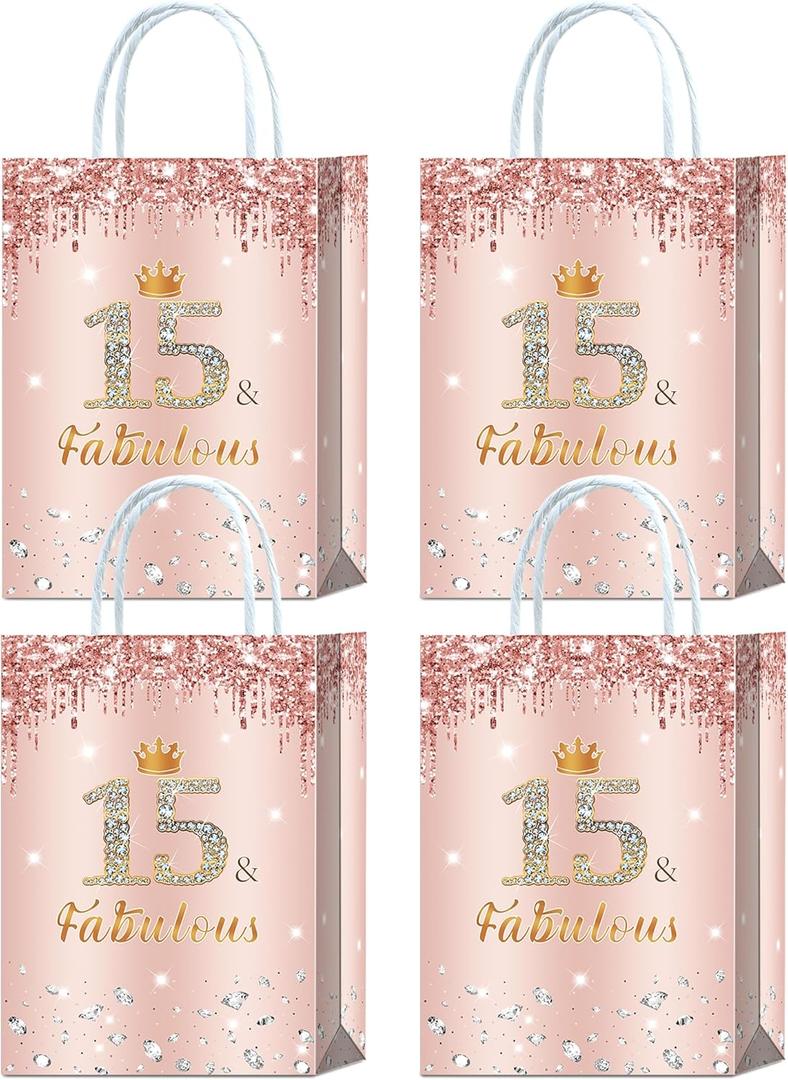 Brattol 16 Pieces Rose Gold 15 & Fabulous 15th Birthday Party Favors Bags,Happy 15th Birthday Girl Gift Snacks Treat Candy Favors Bags with Handles for Girls 15th Birthday Party Decorations