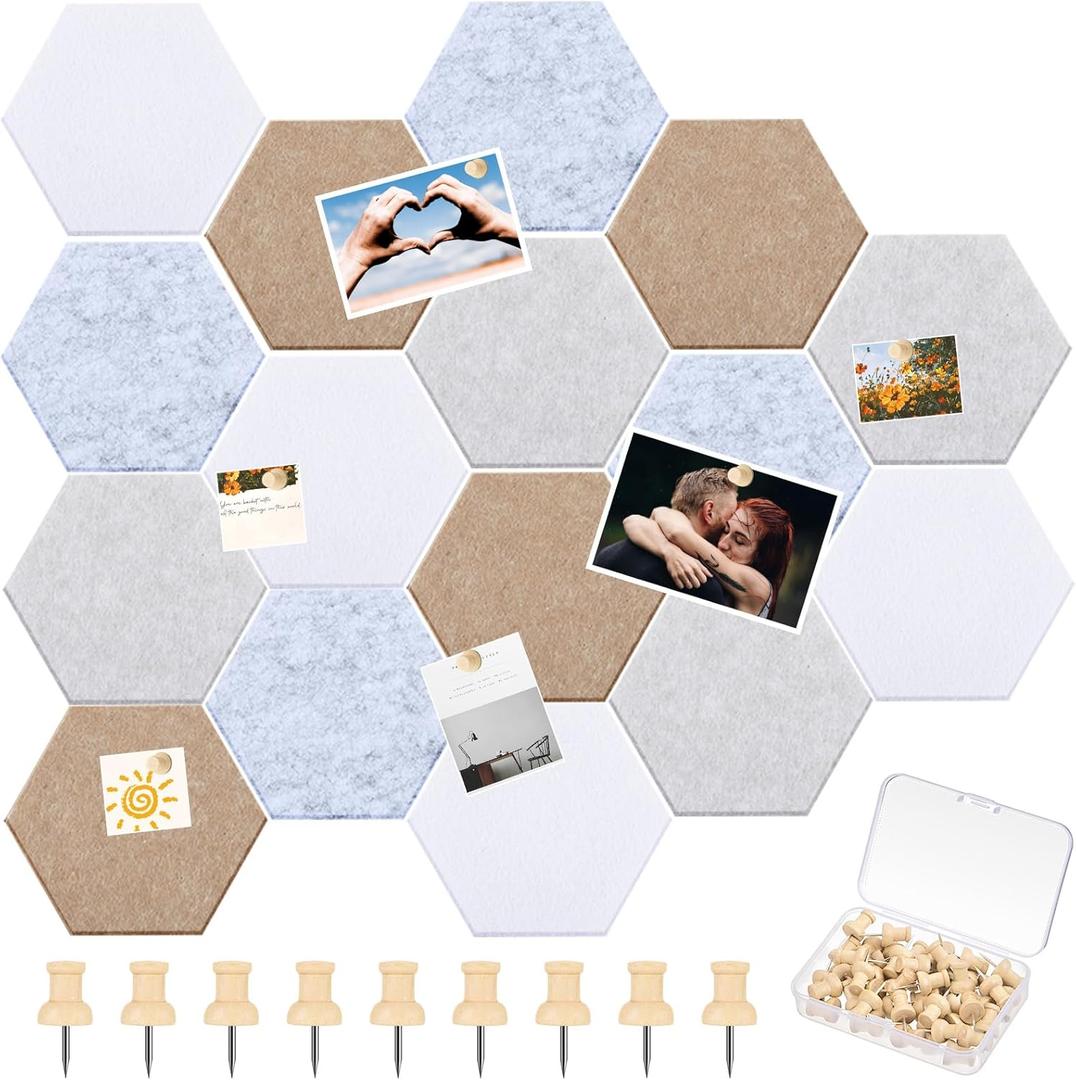 16 Pcs Hexagon Cork Board for Walls with 50 Wooden Push Pins 6.7 x 5.9 in Felt DIY Tiles Notice with Nano Tape Hanging Bulletin Board for Home Photo Office Memo Note(Light Camel)
