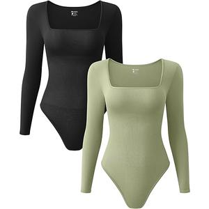 OQQ Women's 2pcs Bodysuits Sexy Ribber One Piece square Neck Long Sleeve Tops, Medium, Green And Black