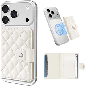 Dadanism Compatible with Magsafe Wallet Magnetic 4-Card Holder, Magnetic Wallet for iPhone, RFID Blocking, Diamond Quilting Leather, Slim for iPhone 17/16/15/14/13/12 Series, Not for 13/12 Mini, White