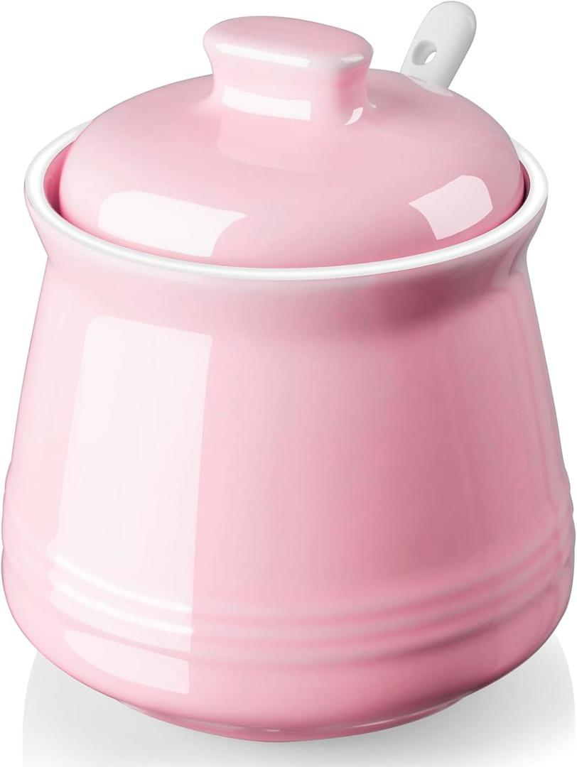 DAYYET Sugar Bowl with Lid and Spoon - 12 oz Ceramic Sugar Bowl with Spoon - Sugar Container for Coffee Bar - Sugar Jar Sugar Dispenser Bowl - Pink Kitchen Decor and Accessories
