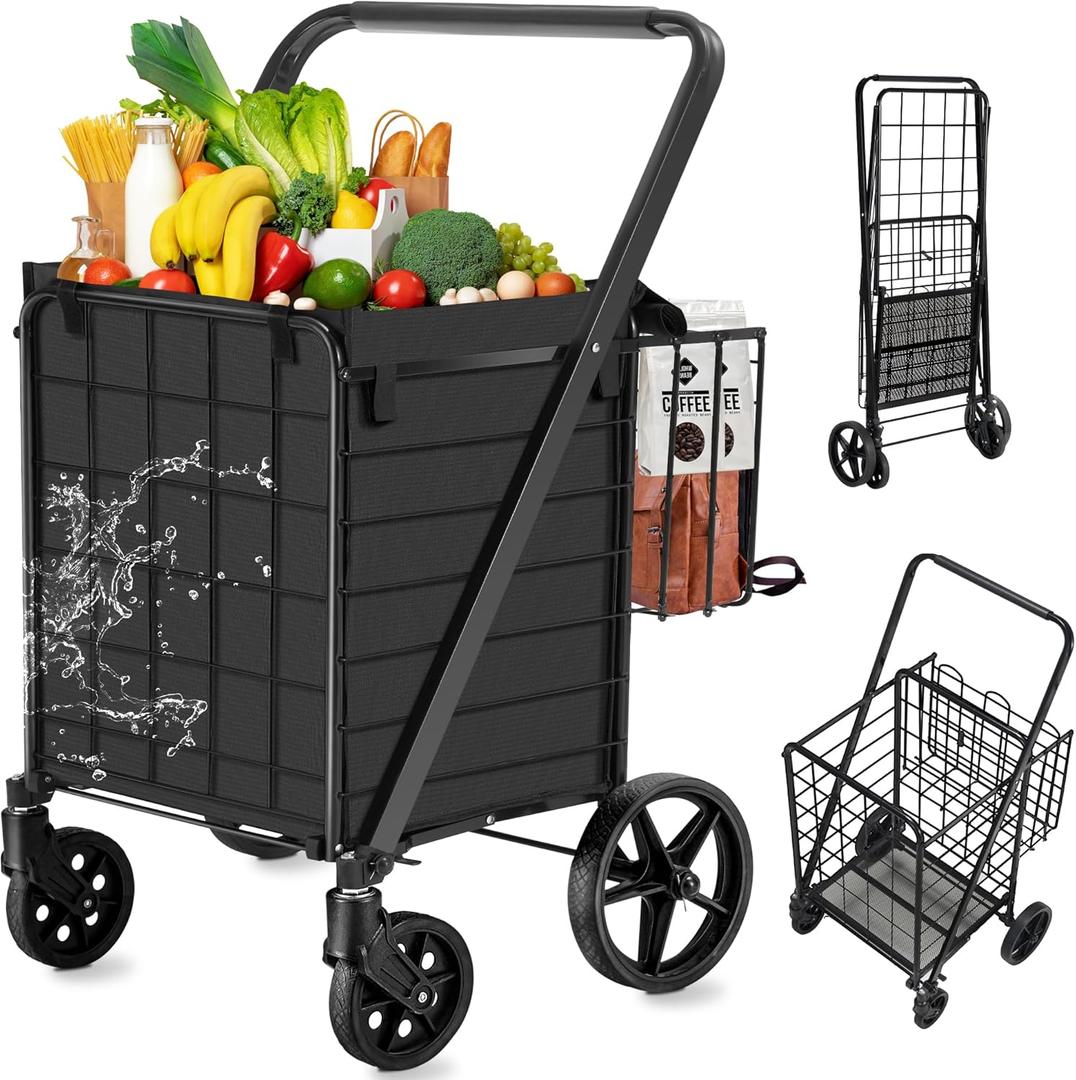 Spurgehom Grocery Cart on Wheels Folding Shopping Carts for Groceries 140L Jumbo with Removable Liner and Double Basket, 360 Rolling Laundry Cart Lightweight Trolley for Seniors 400 LBS Capacity