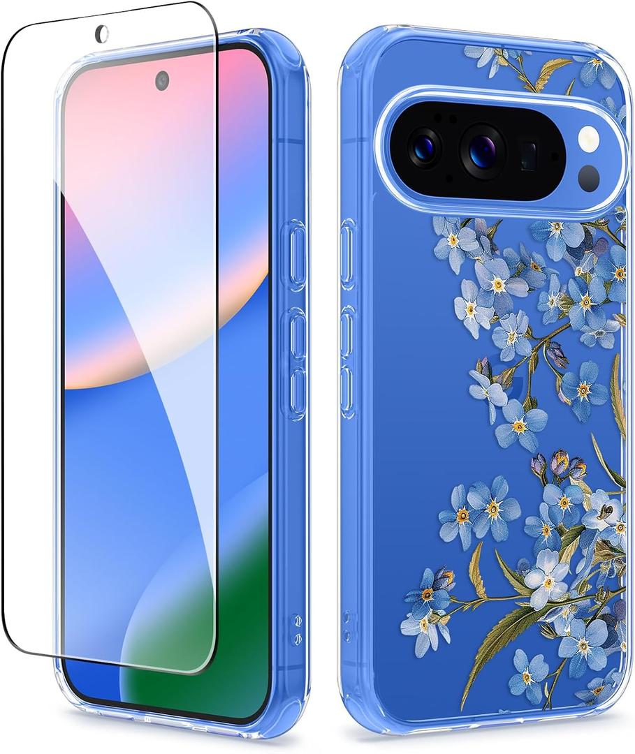GVIEWIN for Google Pixel 10 Case/Pixel 10 Pro Case with Screen Protector, [Military Grade Drop Protection] Non Yellowing Clear Floral Slim Phone Cover for Women 2025 6.3" (Aconite/Blue)