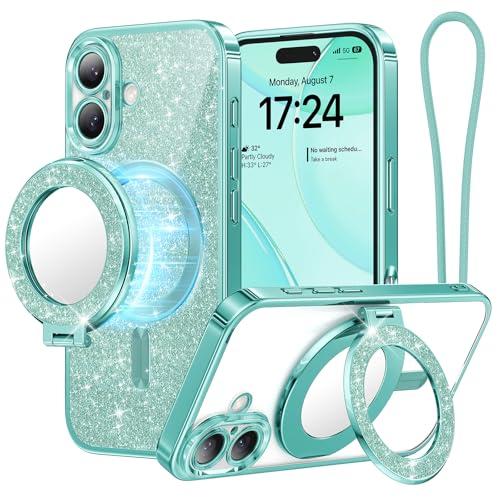 Meifigno Magnetic Case with Removable Phone Ring Stand for iPhone 16 Plus, [Glitter Card & Wrist Strap] [MagSafe Compatible] [Built in Mirror] Magnetic Phone Ring Holder + 16 Plus Case Kit, Teal