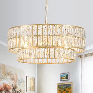 24'' Modern Crystal Chandelier 8-Lights Luxury Gold Semi Flush Mount Ceiling Light Fixtures Round Crystal Pendant Chandelier for Living Room Dining Room Foyer Bedroom Kitchen