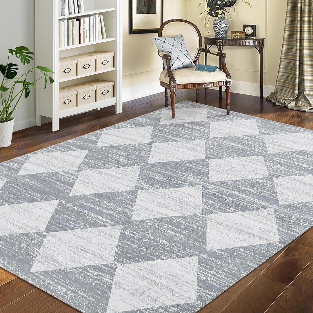 COZYLOOM Area Rug 8x10 Washable Rugs for Bedroom Office Nursery Geometric Checkered Accent Rugs Modern Trellis Living Room Rug Distressed Neutral Soft Rug Non Slip Farmhouse Floor Cover Grey (8ft x 10ft (Rectangular))