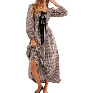 Women Plaid Maxi Dress Long Puff Sleeve Square Neck Flowy Boho Dress Bow Tie Smocked Fall Dresses (Small, Brown)