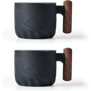 Ceramic Espresso Cups with Wooden Handle Espresso Shot Cups Ceramic Tea Cups Porcelain Demitasse Cups for Coffee or Tea, 2oz (black, 2) 