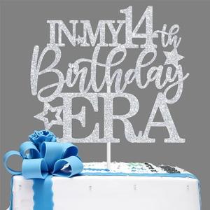 In My 14th Birthday Era Cake Topper,Hello 14/Cheers to 14 Years, Happy 14th Birthday Party Decoration Supplies for Boys Girls, Silver Glitter