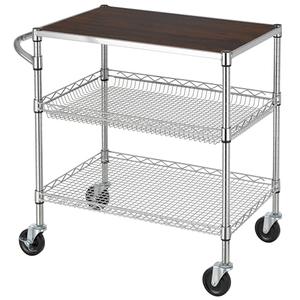 3 Tier Heavy Duty Commercial Grade Utility Cart with Wood Top, Wire Rolling Cart with Wheels and Handle Bar, Kitchen Carts on Wheels, Metal Cart with 600 LBS Capacity, Chrome