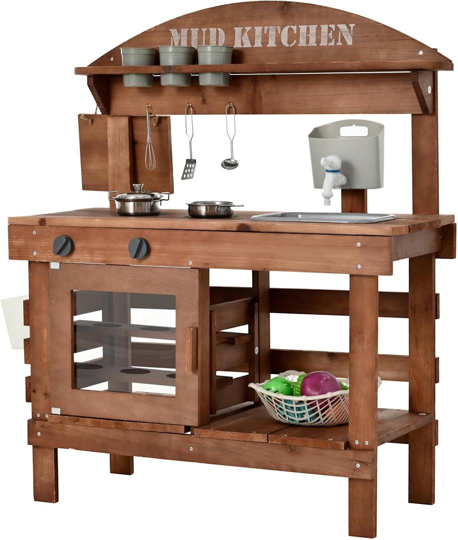 Mud Kitchen for Kids Outdoor 31.5in, Wooden Play Kitchen with Accessories for Kids Play Kitchen Set with Sink, Faucet, Plants Observation Room for Backyard Garden