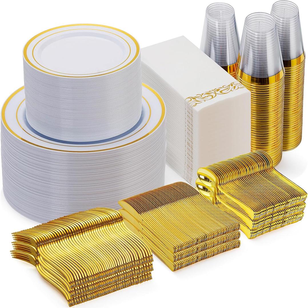 Goodluck 700 Piece Gold Dinnerware Set for 100 Guests, Disposable for Party, Include: 100 Gold Rim Dinner Plates, 100 Dessert Plates, 100 Paper Napkins, 100 Cups, 100 Plastic Silverware Set Goodluck 700 Piece Gold Dinnerware Set for 100 Guests, Disposable for Party, Include: 100 Gold Rim Dinner Plates, 100 Dessert Plates, 100 Paper Napkins, 100 Cups, 100 Plastic Silverware Set