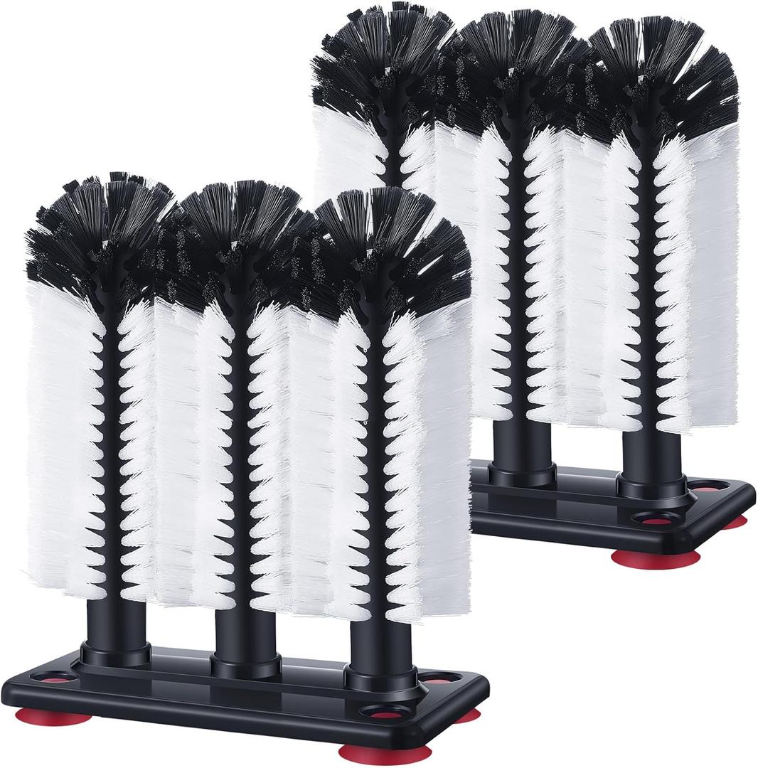 Havawish 2 Pack Water Bottle Cleaning Brush with Suction Base, 3 Head Bristle Bar Glass Washer for Sink, Cup Washer Brush Cleaner for Bar Beer Cup, Glass (7.3 x 3.7 x 10.4)