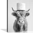 Cow Bathroom Canvas Wall Art Highland Cow Bathroom Decor Funny Animal Toilet Wall Art Black and White Animal Toilet Paper Pictures for Bath Restroom Wall Decor Framed 12X16 inch (16L" x 12W")