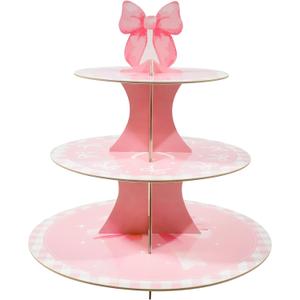 Pink Bow Theme 3-Tier Round Cardboard Cupcake Stand, Holds 8-12 Cupcakes, Waterproof & Reusable, Easy to Assemble, Ideal for Bachelorette, Wedding, Birthday Parties