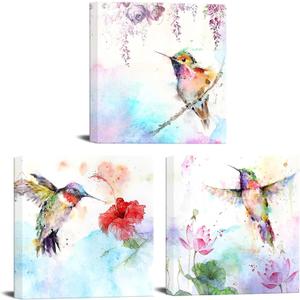 Canvbay 3Pcs Bird Canvas Wall Art Animal Picture Artwork Hummingbirds and Red Purple Flower Canvas Print Abstract Painting Vintage Wall Decor for Bedroom Office Farmhouse 12x12inchx3pcs (Small)