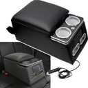 Sporacingrts Center Console Armrest Organizer with LED Light, USB Port, Cup Holders, Armrest, Padded Top Lid - Ideal for Business Upgrade Center Console Organizerand (Black)