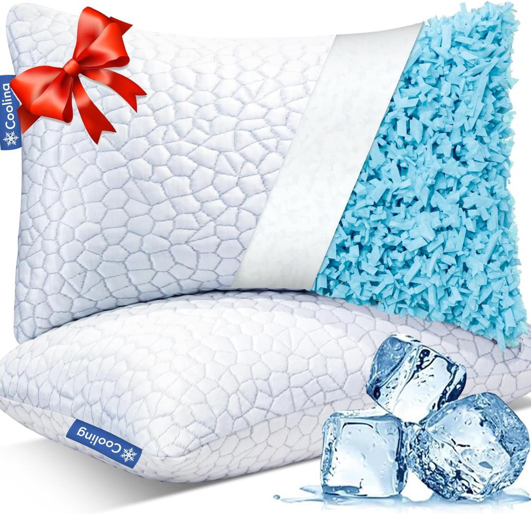 QUTOOL Cooling Pillows for Sleeping 2 Pack, Shredded Memory Foam Bed Pillows Queen Size Set of 2, Gel Pillows for Hot Sleepers Cool Pillow for Side Back and Stomach Sleepers, Cold Pillows, Supportive (Queen(2 Pack)-20'*30', White-cooling Basic)