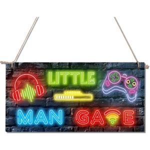 Neon Gaming Wooden Door Sign, Hanging Door Sign Plaque Nursery Playroom Bedroom Home Wall Art Decoration Accessories for Little Man Caves Boys Gamers' Room Neon Game Theme Party