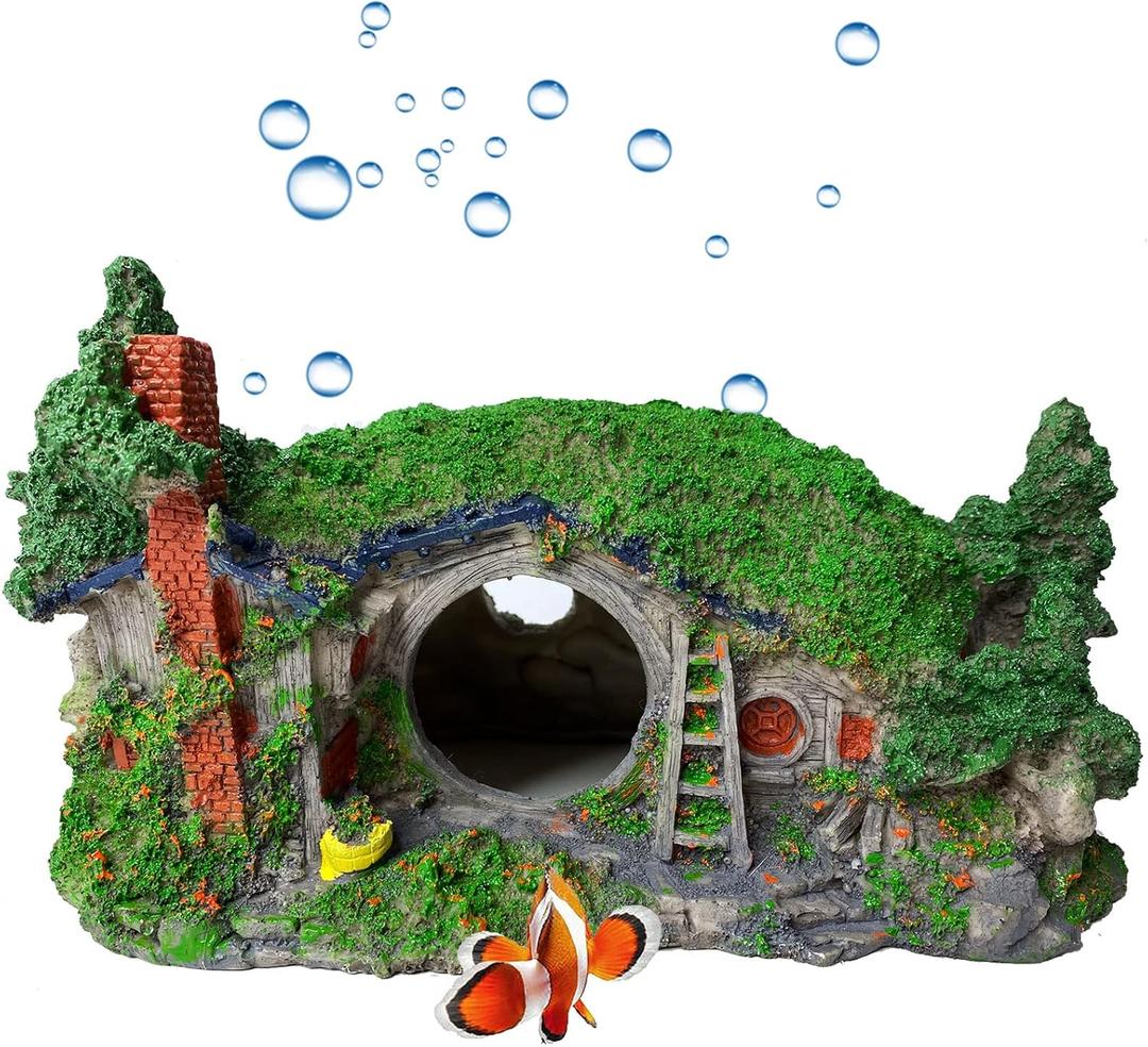 kathson Large Aquarium Decoration Hobbit House Cave, 10.6 * 7 * 5.9 inches Resin Fish Hideout Betta Hiding Reptile Hole Shelter Snake Tank Fish Tank Ornament Rockery Landscaping