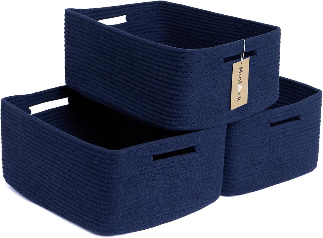 Large Storage Baskets for Shelves, Closet Organizers Bins for Clothes Blanket Towels, Baby Nursery, Toy Baskets Box, Woven Rope Baskets, 17 x 13 x 7.5, 3 Packs Navy Blue