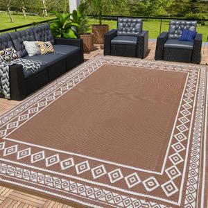 OPPODREAM Outdoor Rug 9x12 Patio Waterproof, Large Outdoor Plastic Straw Rug, Reversible Out Door Carpet for Camping, Deck, Rv, 9 x 12 Area Carpet for Balcony, Porch, Backyard, White & Brown