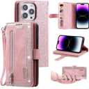 UEEBAI Wallet Case for iPhone 14 Pro 6.1 inch, Retro 9 Card Holder Slots Zipper Pocket Handbag Case Magnetic Closure Kickstand with Wrist Strap TPU Shockproof Flip Case - Rose Gold