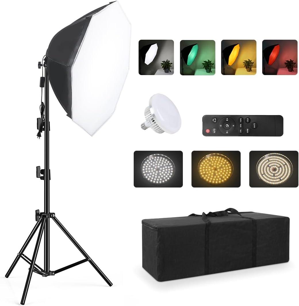 Softbox Continuous Lighting Kit 1 Pack for Camera Photo Video Photography Studio Light with 28'' x 28''Octagon Softbox and Dimmable Super Bright Bulb/Nylon Color Screen/Light Stand/Carrying Bag