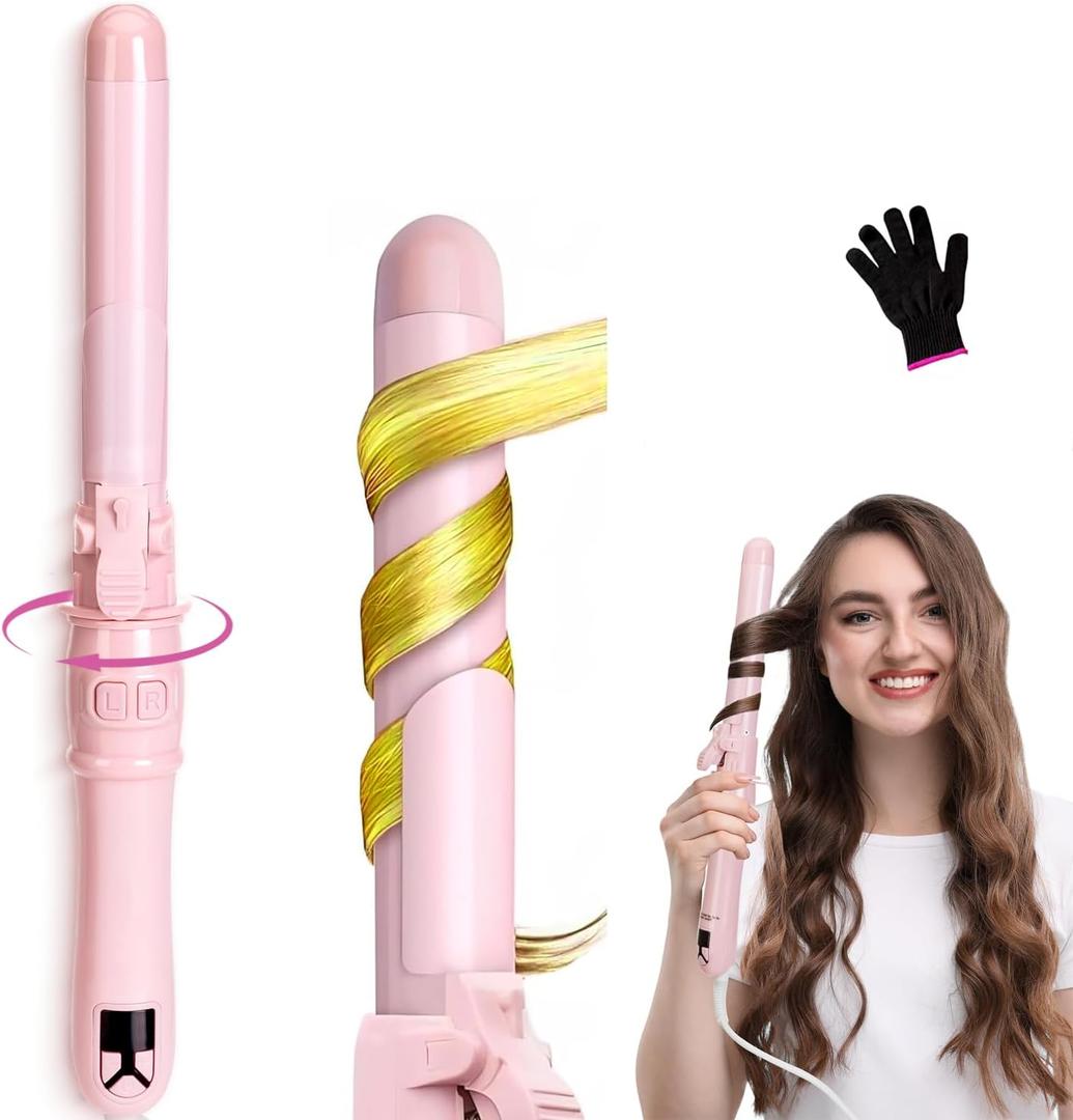 Automatic Rotating Curling Iron  1.1 Inch Self Curling Hair Curler, Anti-Tangle, LCD Display, Fast Heating Wand for Time-Saving, Long-Lasting Curls & Waves, Pink
