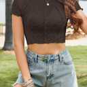 Women's Short Sleeves Y2K Mock Neck Crop Top Lace Mesh Solid Color Knit Textured Casual T-Shirt (Brown, XS)