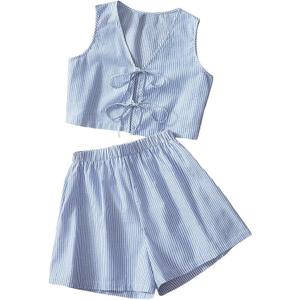 Verdusa Women's 2 Piece Striped Outfit Bow Tie Crop Tank Tops with Shorts Set (Medium, Blue and White)