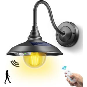 SIEDiNLAR Solar Barn Light Outdoor 3 Modes 2 Lighting, Aluminum Gooseneck Wall Light Vintage Farmhouse Waterproof with Remote & Motion Sensor for Barn Garage Shed Chicken Coop Porch Black (1 Pack)