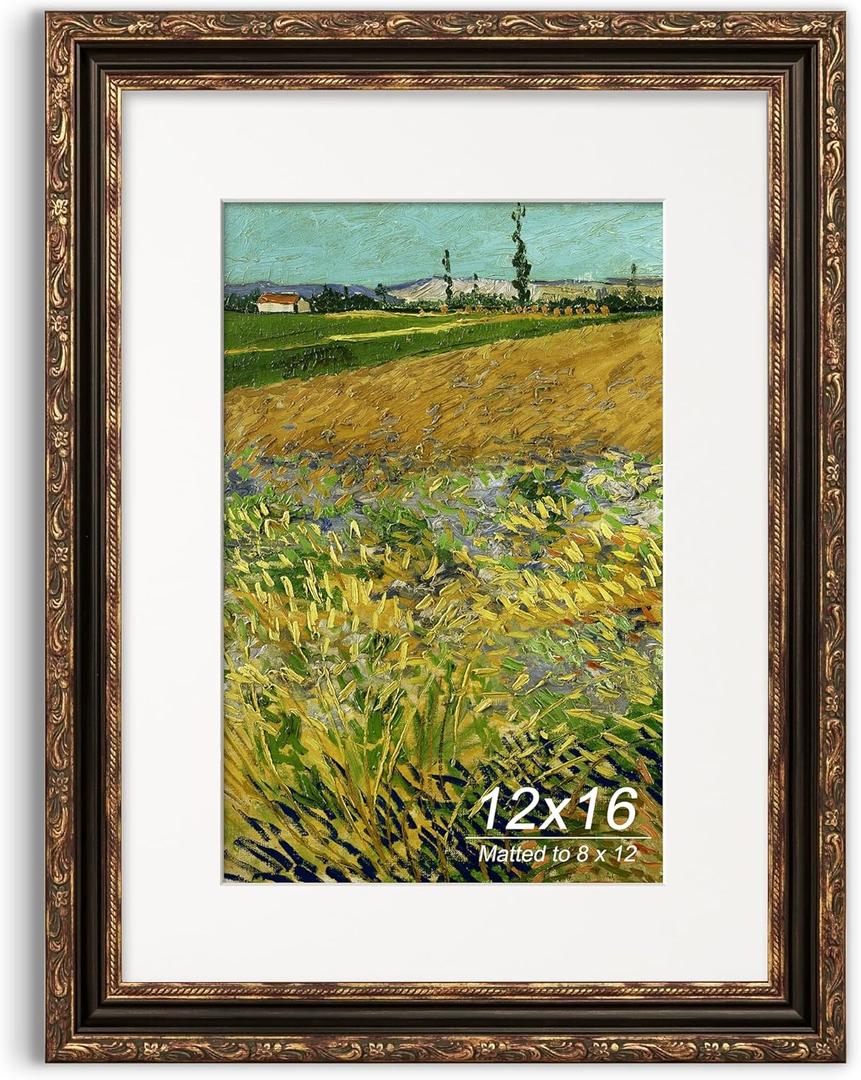 12x16 Picture Frame, Ornate Embossing Frame with Paper Mat and Plexiglass, Fit for 12x16 without Mat or 8x12 with Mat, Wall Mounting Display for Art Prints, Bronze and Antique Gold, 1 Pack