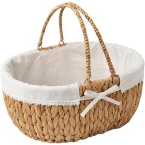Medium Picnic Basket with Handles, Handwoven Water Hyacinth with Removable and Washable Lining, Oval Basket for Easter,Camping, Outdoor, Gift, Home Decor. White