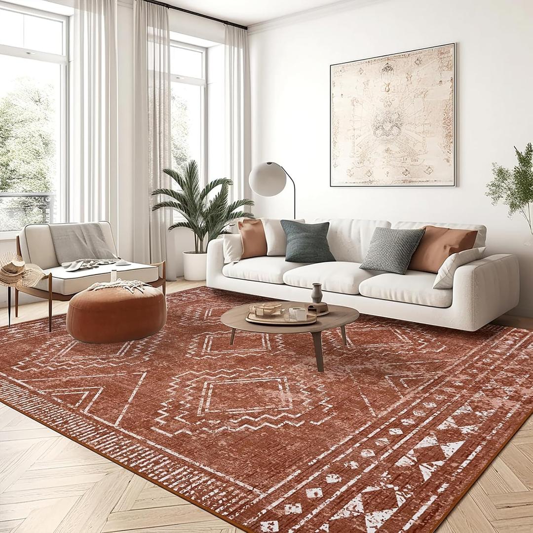 ILANGO Area Rugs 9'x12' for Living Room Machine Washable Red Area Rugs Modern Dedroom with Rubber Backing Non Slip Carpet for Farmhouse Dining Room, Ultra-Thin, Foldable, Easy Clean (Tulum | Dark Orange)