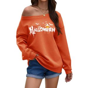 Womens Off the Shoulder Sweatshirt Long Sleeve Pullover Tops Oversized Sweatshirts Trendy Fall Outfits (Orange, M)