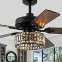 Dawn Whisper 60 Inch Crystal Chandelier Ceiling Fans with Lights Black Large Modern Ceiling Fans for Living Room Bedroom Quiet and Reversible DC Motor 6 Speeds Enegery Efficient