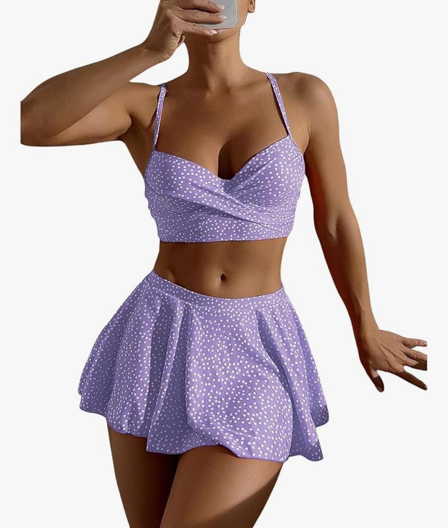 SweatyRocks Women's Polka Dots Bikini Sets High Waisted Swim Skirt and Push Up Bikini Top Bathing Suit Small
