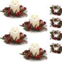 4 Pcs Christmas Candle Rings with LED Candles and Cups, Mini Wreaths with Red Berry Pinecone for Cabinets Table Centerpieces Decorations,Christmas Napkin Ring (4, Red-1)