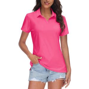 TACVASEN Women's V-Neck Polo Shirts UPF 50+ Short Sleeve Sun Protection Quick Dry Golf Polos Collared Shirt (Pink, Large)